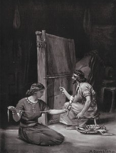 Een Babylonisch weefgetouw (litho) door Margaret (after) Dovaston