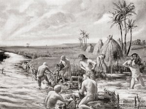Vroege kolonisten in Babylonië draineren de moerassen door een dam te bouwen, uit Hutchinson
