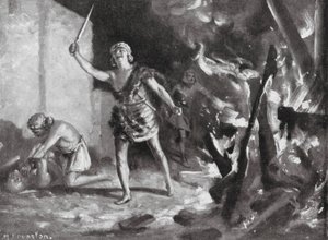 Elamieten verbranden en plunderen een Babylonisch dorp (litho)