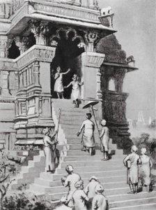 Kirtivarman Chandella bezoekt zijn tempel in Khajurahu, AD 1065 (litho) door Margaret (after) Dovaston