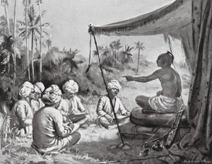 Kulottunga Chola instrueert zijn landmeters, AD 1086 (litho) door Margaret (after) Dovaston