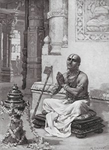 Ramanuja overpeinst zijn filosofie van de ene persoonlijke God, AD 1100 (litho) door Margaret (after) Dovaston