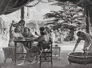 Verheuging in Babylon over de wederopbouw van de stad door Esarhaddon (litho)