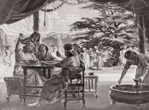 Verheuging in Babylon over de wederopbouw van de stad door Esarhaddon, uit Hutchinson