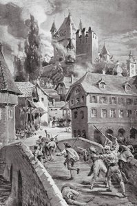 De brand van het kasteel van Wadenschwyl in 1804 (litho) door Margaret (after) Dovaston
