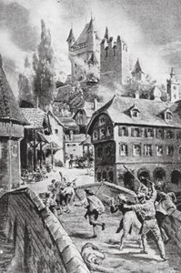 De brand van het kasteel van Wadenschwyl in 1804 (litho) door Margaret (after) Dovaston