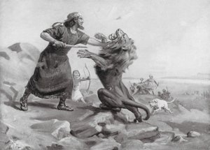 Tiglath-pileser I die een leeuw doodt (litho) door Margaret (after) Dovaston