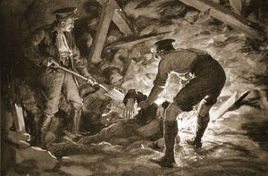 Korporaal J. McCartney graaft, met de hulp van een kameraad, een mijnwerker uit die bedolven is door een mijnexplosie (litho)