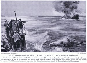 Luitenant Commandant Boyle in de E14 brengt een groot Turks transport tot zinken 1915 (litho)