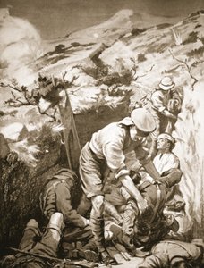 Soldaten Druall en Smith ruimen de gewonden op van een sap dat onbeschermd was en blootgesteld aan zwaar vuur (litho)