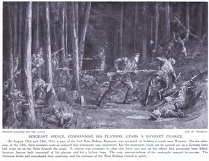 Sergeant Spence won een DCM voor het leiden van zijn peloton tijdens een bajonetcharge in bossen bij Wasmes in augustus 2014 (litho)
