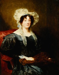 Portret van een dame, zittend half lengte, in een donkerblauwe jurk en een witte kanten muts met een blauwe strik, met naaiwerk