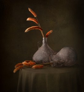 Rustige kruiken met gedroogd gras