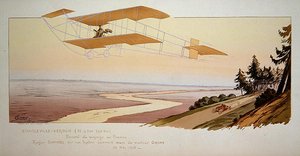 Roger Sommer (1877-1965) vliegt een recordafstand in zijn Sommer Tweedekker van Charleville naar Verdun, mei 1910, gepubliceerd door Mabileau, Parijs door Marguerite (fl.1909 14) Montaut