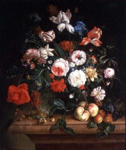 Stilleven, bloemen en fruit door Maria Ivanovna Rokass Ouskaja