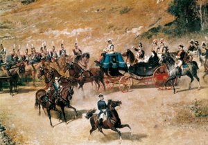 Koningin María Cristina en haar dochter, Isabel II, inspecteren de artilleriebatterijen die Madrid verdedigen in 1837 (detail), c. 1866