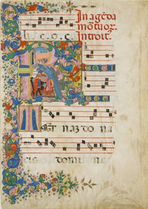 Manuscriptblad met een begrafenisstoet in een initiaal R, uit een Graduale, tweede helft 15e eeuw