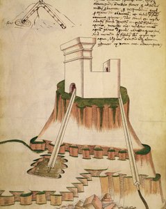 Studie over de juiste installatie van een put en de afwatering voor een fort, illustratie uit een werk van Mariano di Jacopo Vanni, bekend als Taccola, manuscript door Mariano di Jacopo (1382 c.1453) (after)