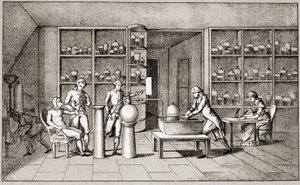 Antoine Laurent de Lavoisier (1743-1794), Franse chemicus die een experiment uitvoert over de ademhaling van een rustende man. Tekening door mevrouw Lavoisier. Parijs 18e eeuw. Leemage collectie. door Marie Anne Pierrette Lavoisier