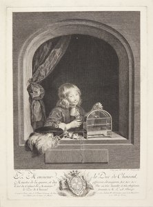 Een jongen met een vogelkooi in een raam door Marie Louise Adélaïde Boizot