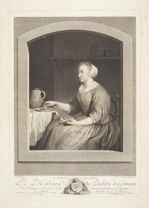 Een Nederlandse vrouw eet ontbijt, gezien door een raam door Marie Louise Adélaïde Boizot