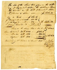 Document betreffende verkoop van slaven en aandeel dat naar verschillende individuen gaat, november 1831