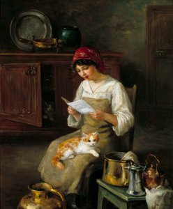 Jonge vrouw leest een brief. Schilderij door Marie-Yvonne Laur Dite Yo (1879-1943)