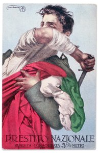 Een Italiaanse soldaat verdedigt de driekleur met getrokken zwaard. Propagandapostkaart voor de Nationale Lening, ca. 1915-18 (briefkaart)