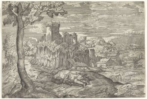 Landschap met ruïne van kasteel