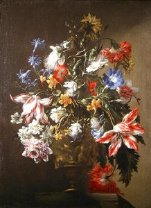 Een stilleven van bloemen in een vaas door Mario dei  Fiori