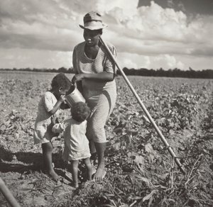 Zwarte vrouw geeft haar kinderen te drinken in het veld waar ze katoen schoffelt op een FSA coöperatief project (Allen Plantation) door Marion Post Wolcott