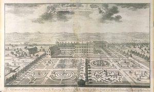 Vogelvlucht van de tuinen van Kensington Palace, gegraveerd door Johannes Kip (c.1652-1722) gepubliceerd door J. Smith, 1724 door Mark Anthony Hauduroy