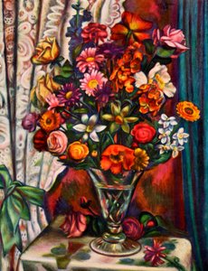 Stilleven van bloemen in een zilveren vaas