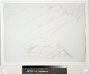 Berglandschap, gebouw op de voorgrond