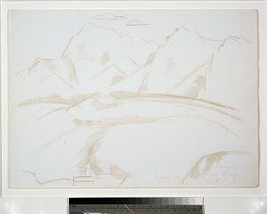 Berglandschap met kerktoren op de voorgrond