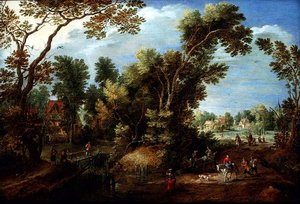 Bebost Rivierlandschap met Figuren door Marten Ryckaert