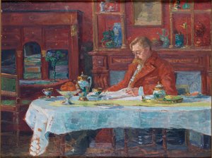 Émile Verhaeren 1855-1918 aan de tafel, 1900 door Marthe Verhaeren