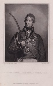 Sir Thomas Picton, Welshe generaal van de Napoleontische oorlogen, gedood in de Slag bij Waterloo (gravure)