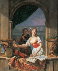 Een Jonge Dame die naar een Gitaar Reikt bij een Stenen Vensterbank en een Jongen die Fluit Speelt daarachter, 1796-97 door Martin Drölling