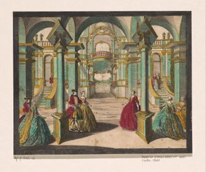Gezicht op het interieur van een paleis, met verscheidene rijk geklede dames en heren