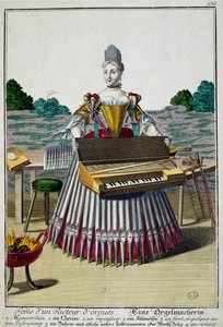 Vrouw van de orgelmaker, gravure uit Assemblage des nouveau manouvries habilles door Martin Engelbrecht (1684-1756), Duitsland door Martin Engelbrecht