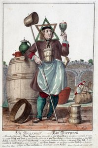 Voorstelling van een brouwer met een fontein, een glas, een kruik, een emmer, een vat, een hamer, een kom, een broc, een ketel. Gravure door Martin Engelbrecht (1684-1756)