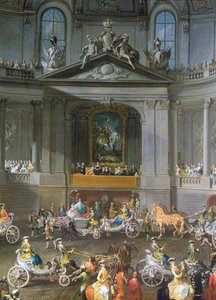Een cavalcade in de winterrijschool van de Weense Hof ter viering van de nederlaag van het Franse leger bij Praag met het ruiterportret van keizer Karel VI (detail)