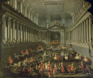 Een cavalcade in de winterrijschool van de Weense Hof ter viering van de nederlaag van het Franse leger bij Praag, 1743 door Martin II Mytens or Meytens