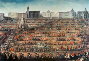 Ceremoniële intocht van Isabella van Parma in Wenen om bruid van Keizer Jozef II te worden door Martin II Mytens or Meytens