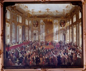 Maria Theresia van Oostenrijk (1717-1780) tijdens de ceremonie van de instelling van de Orde van Sint-Stefanus in 1764 door Martin Meytens the Younger