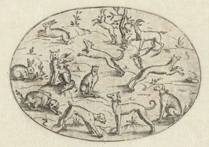 Ovaal met honden, geiten en konijnen door Martin Pleginck