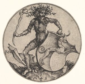 Schild met windhond vastgehouden door wilde man, ca. 1435-1491 door Martin Schongauer