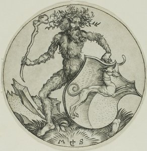 Schild met een hazewindhond, vastgehouden door een wilde man door Martin Schongauer