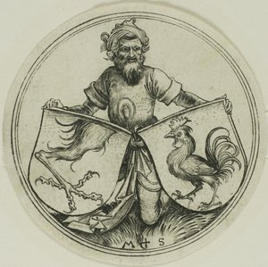 Schild met een griffioenvoet en schild met een haan vastgehouden door een Moor door Martin Schongauer